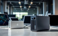 Showcasing TPower power supply solutions with modern electronics in a sleek environment.