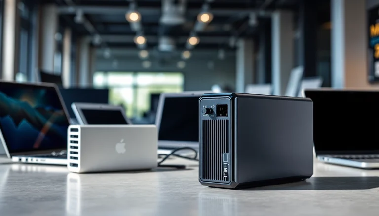 Showcasing TPower power supply solutions with modern electronics in a sleek environment.