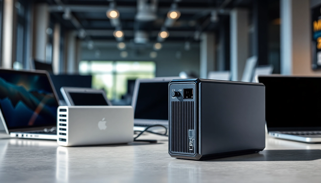 Showcasing TPower power supply solutions with modern electronics in a sleek environment.