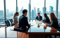 Engaged professionals discussing trade agreements in a modern conference setting