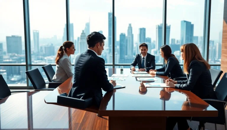Engaged professionals discussing trade agreements in a modern conference setting