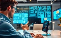 Showcasing AI design solutions, a designer interacts with a holographic interface in a modern workspace.