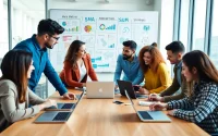 Team of a social media agency collaborating on strategies in a bright office.