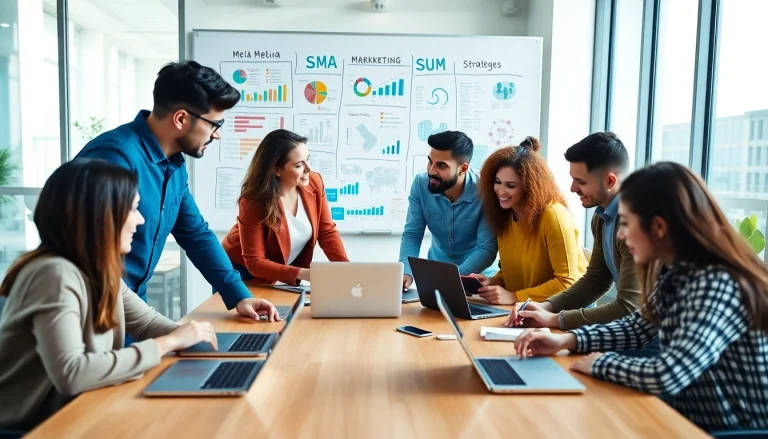 Team of a social media agency collaborating on strategies in a bright office.