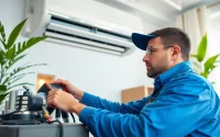 Schedule expert ac repair in Glendale AZ with a skilled technician adjusting a modern air conditioner.