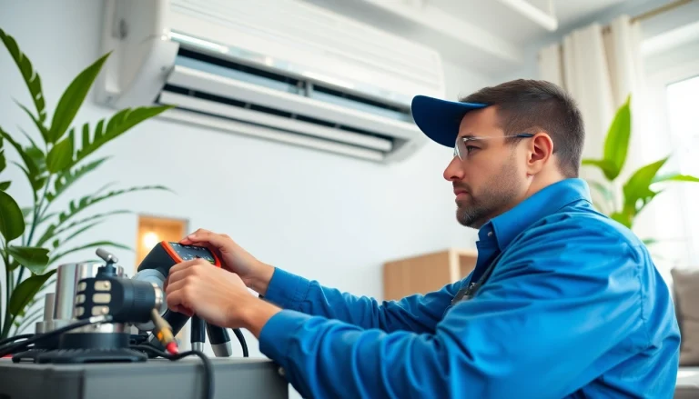 Schedule expert ac repair in Glendale AZ with a skilled technician adjusting a modern air conditioner.