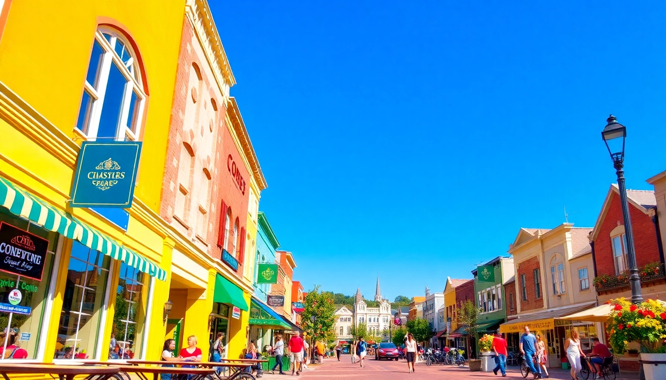 Clarksburg's lively downtown scene with colorful storefronts and bustling pedestrians enjoying the day.