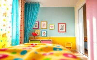 Brightly colored kids room curtains enhance the playful atmosphere for a child's bedroom.