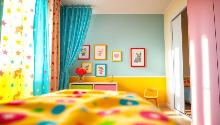 Brightly colored kids room curtains enhance the playful atmosphere for a child's bedroom.