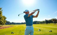 Golfer demonstrating effective golf training aids at a scenic driving range.