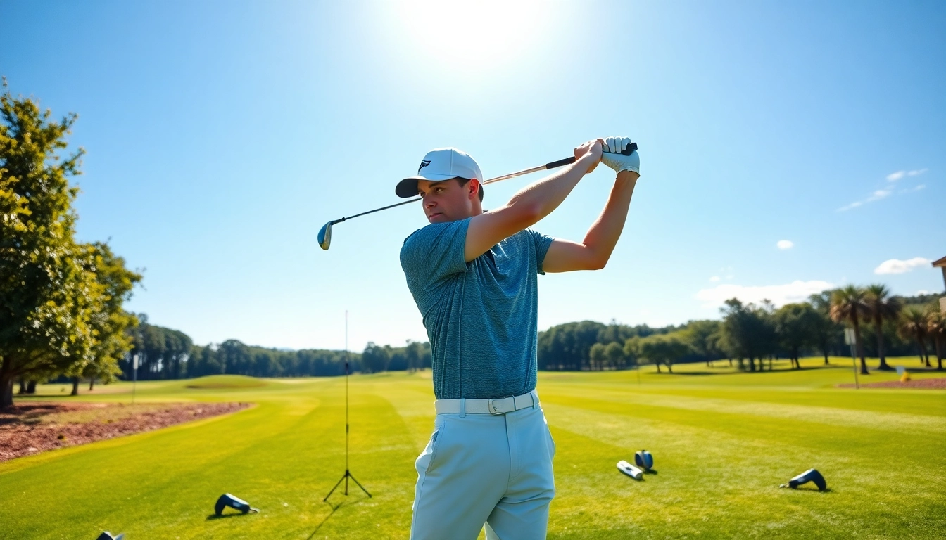 Golfer demonstrating effective golf training aids at a scenic driving range.