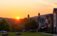 Families enjoying a picnic in Clarksburg's park at sunset, showcasing the community's charm.