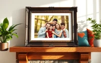 Showcasing a beautiful 20x30 frame with a family portrait on a stylish mantel.