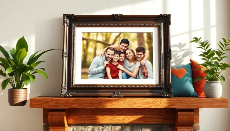 Showcasing a beautiful 20x30 frame with a family portrait on a stylish mantel.