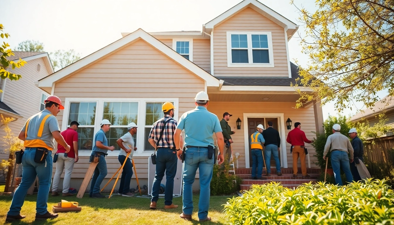 Engage with expert exterior renovation team enhancing a home’s facade in a sunny setting.
