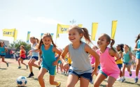 Girls enjoying Multi Sports Camps for Girls, engaged in soccer, basketball, and gymnastics.