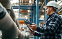 Piping stress company engineer assessing structural integrity in a modern industrial environment.
