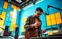 Innovation in music recording technology through a professional musician's engaging performance.
