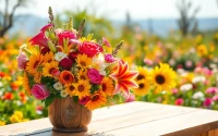 Arrange Orange County flowers in a rustic vase on a sunlit table, showcasing vibrant beauty.