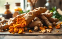 Highlighting the vibrant Turmeric Root, showcasing its texture and color against a rustic background.