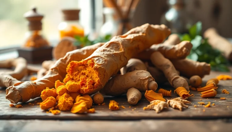 Highlighting the vibrant Turmeric Root, showcasing its texture and color against a rustic background.