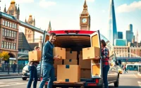 Efficient london moving services team packing a van with iconic landmarks in the background.