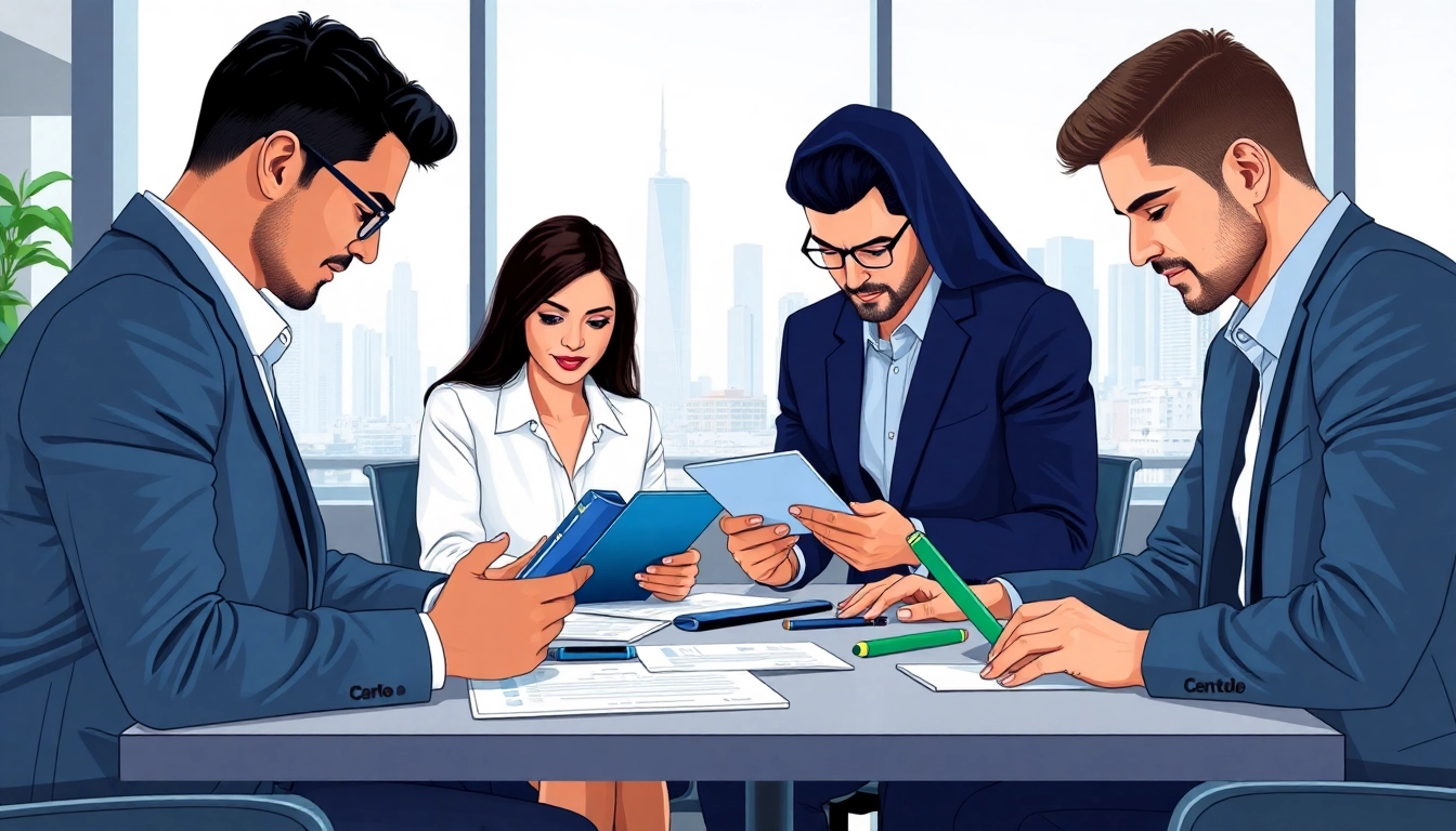Discussing trademark registration in Dubai in a modern office setting.