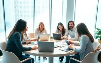 Engaged team at a startup recruitment agency collaborating in a modern office space.