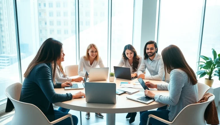 Engaged team at a startup recruitment agency collaborating in a modern office space.