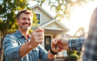 Sell my house no realtor Little Rock, AR, showcasing a homeowner confidently handing over keys in a friendly real estate deal.