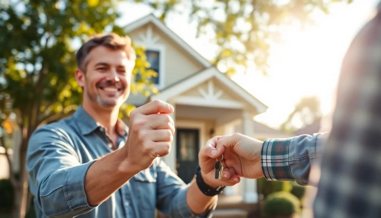 Sell my house no realtor Little Rock, AR, showcasing a homeowner confidently handing over keys in a friendly real estate deal.