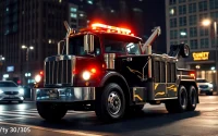 Towing truck for 24 hour big rig towing service in an urban night setting.