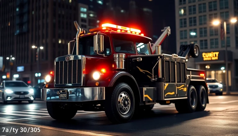 Towing truck for 24 hour big rig towing service in an urban night setting.