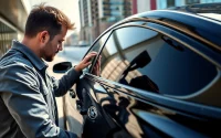 Find expert car tinting near me with a professional technician applying tint to a sleek car.