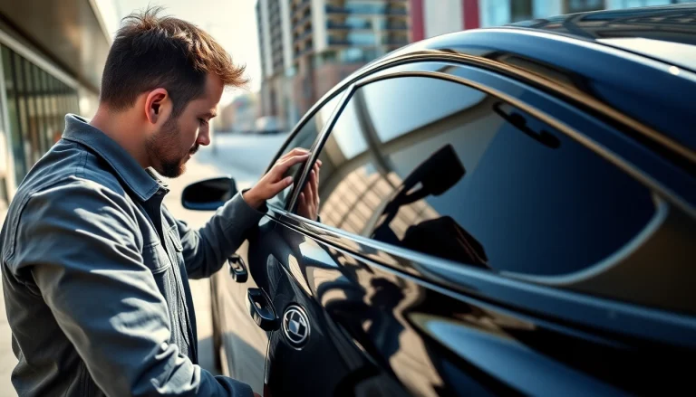 Find expert car tinting near me with a professional technician applying tint to a sleek car.