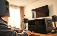 Expert performing home audio installation near me in a stylish living room setting.