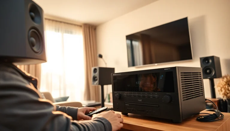 Expert performing home audio installation near me in a stylish living room setting.