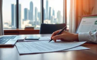 Process of ejari cancellation​ illustrated with a person filling out forms in a professional setting.