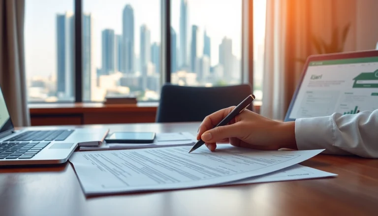 Process of ejari cancellation​ illustrated with a person filling out forms in a professional setting.