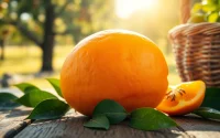 Slice of Ambrosia fruit showcasing its vivid colors and textures on a rustic wooden table.