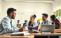 Medizinstudium ohne Aufnahmeprüfung: Engagierte Studierende in einem modernen Klassenzimmer.