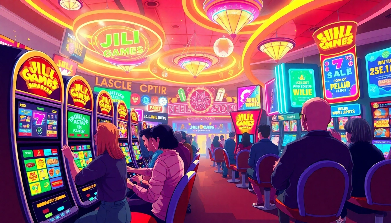 Engaged players experiencing the excitement of JILI Games at an online casino with vibrant slot machines.