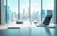 Showcasing a modern virtual office address setup with a sleek workspace and city skyline view.