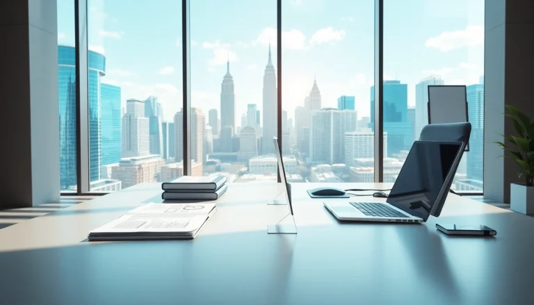 Showcasing a modern virtual office address setup with a sleek workspace and city skyline view.