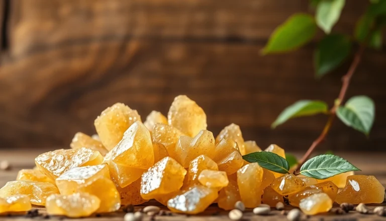 Experience the allure of myrrh resin showcased with shimmering crystals and rich textures.