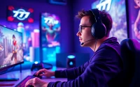 Engage with the 77 club login platform showcasing a dedicated gamer in a vibrant setup.