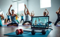 Experience online gym training with diverse individuals engaging in a dynamic workout session.