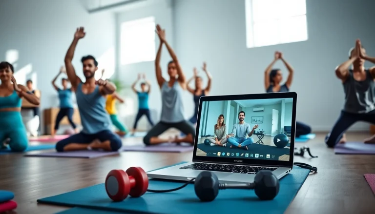 Experience online gym training with diverse individuals engaging in a dynamic workout session.