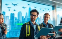 Monitor real-time safety alerts in a professional urban environment with diverse safety experts analyzing data.