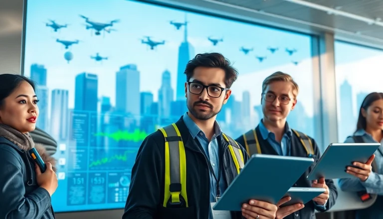 Monitor real-time safety alerts in a professional urban environment with diverse safety experts analyzing data.